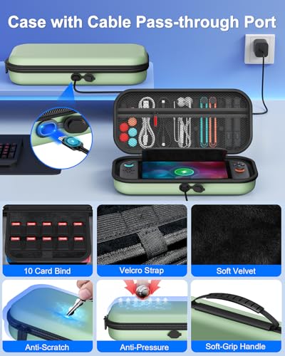 Switch 2 Accessories, [Charge Inside]Case Bundle for Nintendo Switch 2 2025 Console, FYOUNG 23 IN 1 Kit:Carrying Case,Controller Charger,Protective Shell,Grip for Joycon, Steering Wheel(Green) - color: Green