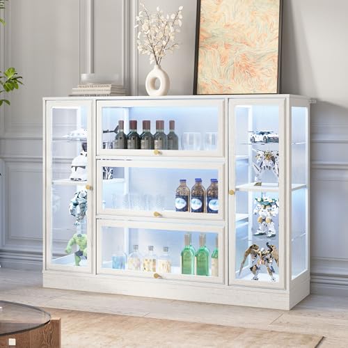 Display Cabinet with Acrylic Glass Doors,Extra Wide Curio Cabinet with LED Lighting for Collectibles, Collectibles Toy Organizers Rack & Display Shelf Display Case, White - color: White, size: 56" W x 42" H