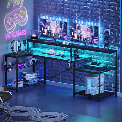 Bestier LED Gaming Desk with Power Outlets, 71 inch L Shaped Computer Desk with Monitor Stand, Large Desk with Printer Stand Adjustable Shelf, Cup Holder & Hooks, Home Office Desk Black | Carbon Fiber Desktop, 20 Static 22 Dynamic RGB Modes, Storage Rack,