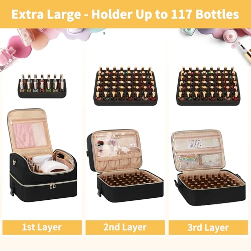 CUBETASTIC Portable Nail Polish Organizer Case Holds 117 Bottles - 3-Layer Nail Tech Kit with Storage Bag & Shoulder Strap, Extra Large Nail Supplies Travel Carrying Box - color: Black, size: 117 Slots