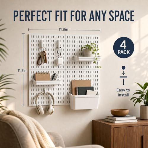 AKTOP Peg Board Wall Organizer 4-Pack – 12"x12" White Pegboard Combination Kit with 13 Accessories for Wall, Plastic Peg Board Panels for Home, Office, Garage Tool Storage & Craft Room - color: 12inch Pegboard Kit-White
