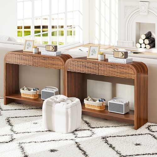 Curved Console Table Arch with Storage, Narrow Entryway Table with Drawers, 43.3'' Couch Table Behind Sofa Long and Skinny for Living Room TV, Hallway Entrance Foyer, Mid Century Farmhouse Rattan