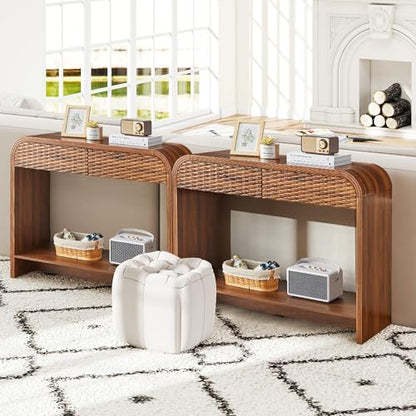 Curved Console Table Arch with Storage, Narrow Entryway Table with Drawers, 43.3'' Couch Table Behind Sofa Long and Skinny for Living Room TV, Hallway Entrance Foyer, Mid Century Farmhouse Rattan