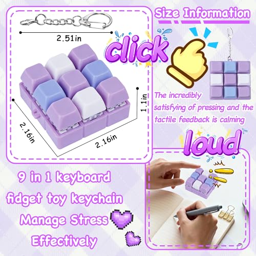 Keyboard Fidget Toy, Keyboard Keychain Fidget Toys, 9-in-1 Clicker Fidget Toy, Stress Relief Desk Decompression Button, Anxiety Relief Valentine's Day Gifts (3 Color-Purple Blue White) - color: 3 Color-purple Blue White