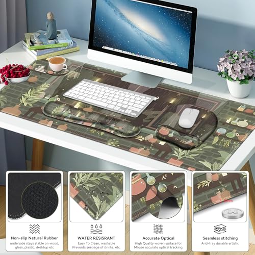 Aesthetics Large Mouse Pad with Wrist Support 4 in1 Set, XXL Big Game Mousepad + Keyboard Wrist Rest + Mouse Wrist Rest Pad +Coaster Gaming Mat for Home Office Computer I Green Plants and Black Cat - color: Green Plants Black Cat