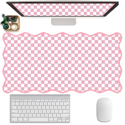 Scalloped Desk Mat Extended Large Cute Pastel Pink Mouse Pad Farmhouse Cozy Cottagecore Gingham Desk Pad Aesthetic Plaid Mousepad Checkered Gaming Mouse Pad Computer Keyboard Pad Girly 31.5X15.7Inch - color: Pink, size: 31.5" x 15.7"