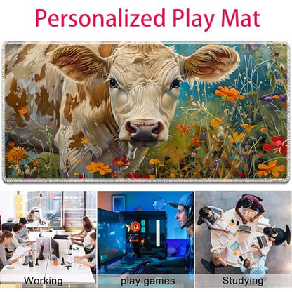 MTG Playmat, Smooth Surface Game Play Pad MTG TCG 24 x 14 inch with Storage Bag, Non-Slip Mouse Pad Card Fighting Game, Flowers and Cattle - color: Flowers and Cattle