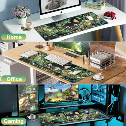 Mouse Pad Anime, Mouse Pad with Wrist Rest, 4-in-1 XXL Large Desk Mat Kawaii Mousepad with Gel Wrist Support Keyboard Wrists Rest Coaster, Ergonomic Gaming Cat Desk Pad, Funny Cute Office Accessories - color: Curious Cat
