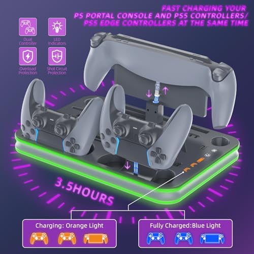 Charger Dock Compatible with PS Portal and Controller, PS5 Pro Stand and Cooling Station with RGB LED Charging Dock, PS5 Edge Controller and Headset and Remote Holders - Grey - color: Gray