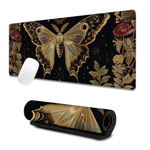 Vintage Moth Rose Large Gaming Desk Mat,Rubber Non-Slip Elegant Nocturnal Mouse Pad,31.5x11.8x0.12in Extended Nature Art Floral Mousepad,Game Lover Mice Pads Gifts,Office Home Deskmat Decor - color: Moth