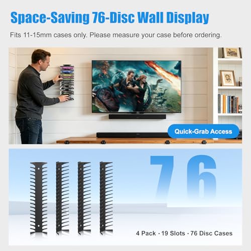 4 Pack DVD Shelf for Wall Mount, Floating Metal DVD Rack and Video Game Storage for Standard DVD CD Cases, Heavy-Duty Media Organizer Holder for PS, Xbox, PS5, PS4, Holds up to 76 - size: 4 Pack