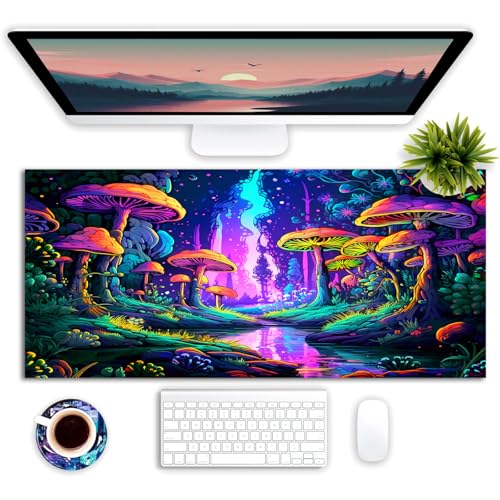 Mushroom Forest Gaming Mouse Pad, Blacklight Fantasy Tree Plants Waterproof Large Mouse Mat, 31.5" x 11.8" Glowing Extended Non-Slip Rubber Base, Office & Home Keyboard Pad - color: Mushroom Tree