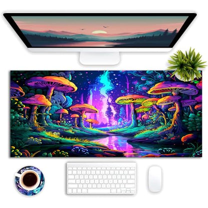 Mushroom Forest Gaming Mouse Pad, Blacklight Fantasy Tree Plants Waterproof Large Mouse Mat, 31.5" x 11.8" Glowing Extended Non-Slip Rubber Base, Office & Home Keyboard Pad - color: Mushroom Tree