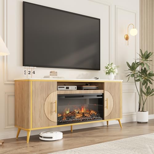 Fluted Fireplace TV Stand Up to 80" TVs, Modern Entertainment Center with 30" Electric Fireplace, Luxury Media Console with Adjustable Shelves for Living Room, Nature Oak - color: Nature Oak