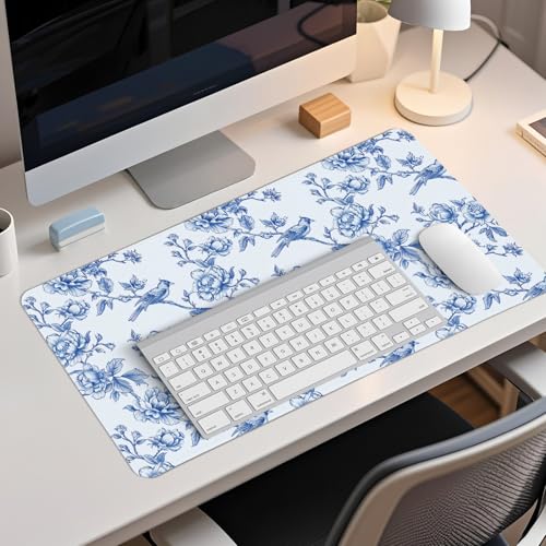 Navy Blue Chinoiserie Mouse Pad,Vintage Blue and White Floral Desk Mat,XL Large Flowers and Birds Preppy Mouse Pad,Girly Laptop Desk Mat for Dorm Home Office,23.6x11.8 Inch - color: L Navy blue