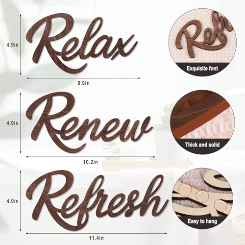 3 Pieces Bathroom Decor Wooden Bathroom Sign,Relax Renew Refresh Sign (Brown) - color: Brown