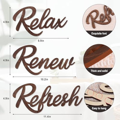 3 Pieces Bathroom Decor Wooden Bathroom Sign,Relax Renew Refresh Sign (Brown) - color: Brown
