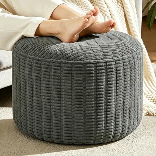 Round Corduroy Ottoman Foot Rest Pouf for Living Room Couch - Soft Plush Shredded Foam Filled Hassock Stool, Comfy Footstool for Adults (Charcoal - Chunky Corduroy, 20 INCH×15 INCH) - color: Charcoal - Chunky Corduroy, size: 20"D x 20"W x 15"H