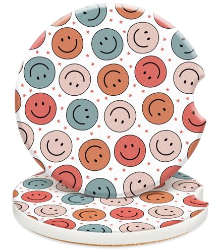 Swooflia Car Coasters for Women - Colorful Smiley Face Ceramic Car Cupholder Coaster Absorbent Mat Coaster with Cork Base 2 Pack 2.55 inch Automotive Cup Holder Accessories New Driver Gifts for Decor - color: Smiley Face
