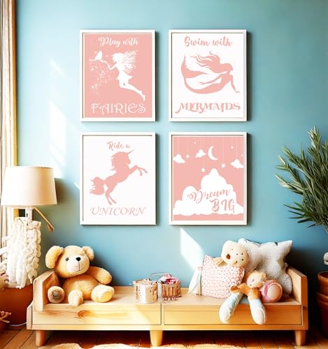 Play With Fairies Ride A Unicorn Swim With Mermaids Dream Big Quotes for Girl's Bedroom Empowerment, Nursery Wonder, Playroom Adventure, Birthday Party Pink Room Accent, Young Dreamer Surprises, Birthday Magic Gifts - 8x10 Unframed Glossy Print Set - styl