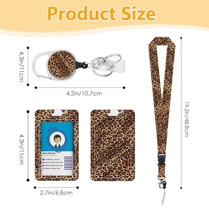 Leopard Badge Holder with Lanyard, Funny ID Badge Holder with Retractable Reel Clip and Keychain for Leopard Lovers, Vertical Identity Card Cover Case Protector for Nurse Teacher - color: Leopard-brown