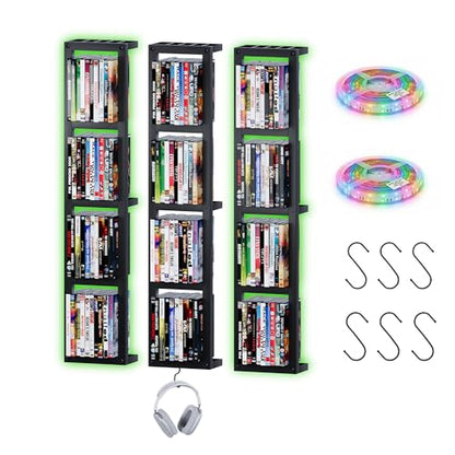 Kikihouse Wall-Mounted CD Storage Shelf with DIY LED Strip, Floating Media Storage Rack with Hooks, Cube Organizer for Video Games Set of 3