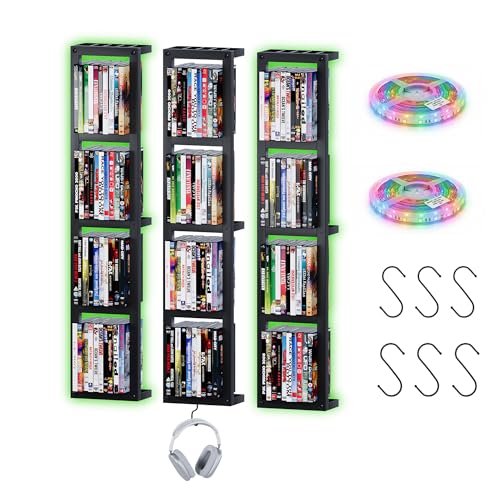 Kikihouse Wall-Mounted CD Storage Shelf with DIY LED Strip, Floating Media Storage Rack with Hooks, Cube Organizer for Video Games Set of 3