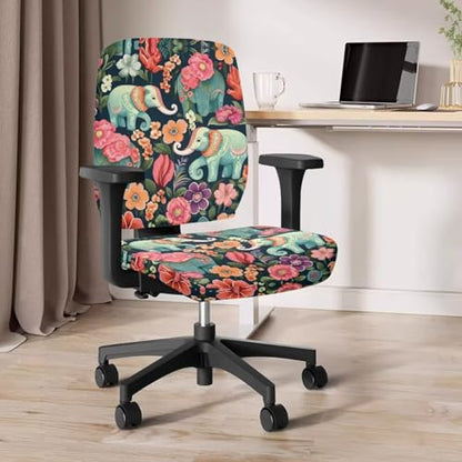 Floral Elephant Office Chair Covers Stretchable Office Chair Seat Cover 2 Piece Washable Gaming Chair Cover Universal Fit Most Wheelchairs,Computer Chairs,Gaming Chairs - color: Floral Elephant