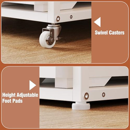 VEDECASA Mobile High Printer Stand with Power Outlet Charging Plugs USB Port Office Storage Shelf Includes Computer Tower CPU Stand Holder with Wheel (White) - color: White