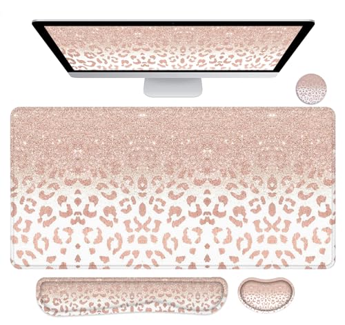 Lateefah Desk Mat, Mouse Pad with Wrist Rest, 4-in-1 Large Mouse Pads for Desk, Ergonomic Mouse Pad and Keyboard Wrist Rest Gaming Keyboard Mat for Office, Home - color: 4pcs-rose Gold Leopard
