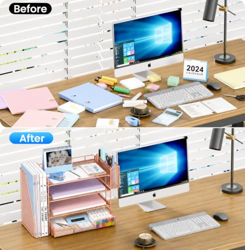 OPNICE Desk Organizer, 4-Tier Desktop File Organizer with Drawer and Pen Holders, Office Desk Accessories, File Sorters, Workspace Organizers for Office Supplies(Rose Gold - Metal Pen Holder) - color: Rose Gold - Metal Pen Holder, size: 4-tier