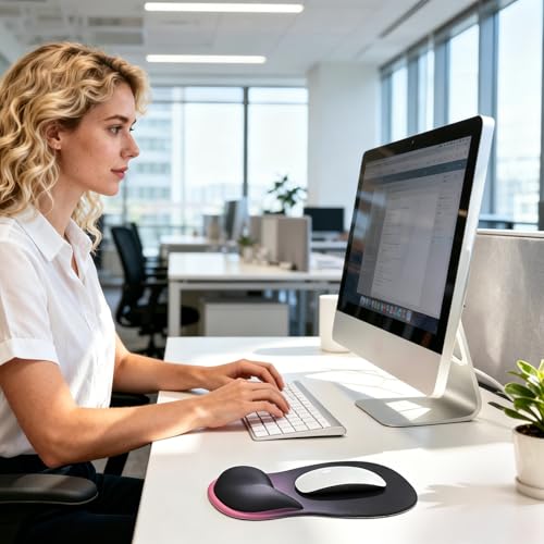 EooCoo Ergonomic Mouse Pad with Gel Wrist Rest Support Middle Concave Design, Relieve Wrist Pain Mousepad, Non-Slip Base for Laptop, Office Desk Accessories, Carpal Tunnel Syndrome Black Pink - color: Black Pink