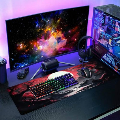 Black Red Japanese Gaming Mouse Pad XL Moon Sakura Cherry Blossom Extended Big Large Desk Mat Non-Slip Rubber Base Stitched Edge Long Keyboard Mousepad for PC Computer Laptop,31.5×11.8 in - color: Red Japanese Sakura, size: X-Large