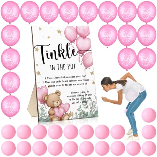 Tatuo 71 Tinkle in The Pot Baby Shower Game Sign Wooden Baby Shower Gender Reveal Party Favors 20 Table Tennis Balls 50 Balloon Latex Balloon(Bear,Pink) - color: Pink, style: Bear