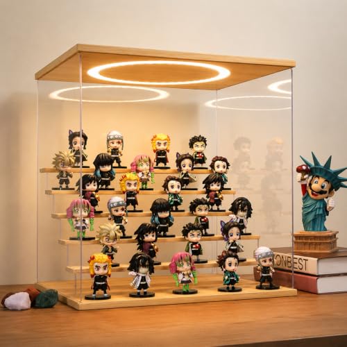 Acrylic Display Case with Adjustable LED Light, 6 Tier Clear Display Box Dustproof Showcase for Action Figures, Collectibles and Mini Toys, Assembly Display Cabinet(Wood 15.5*12.5*16.7in) - color: Wood, size: 6 Tier 15.8×12.5×16.5in