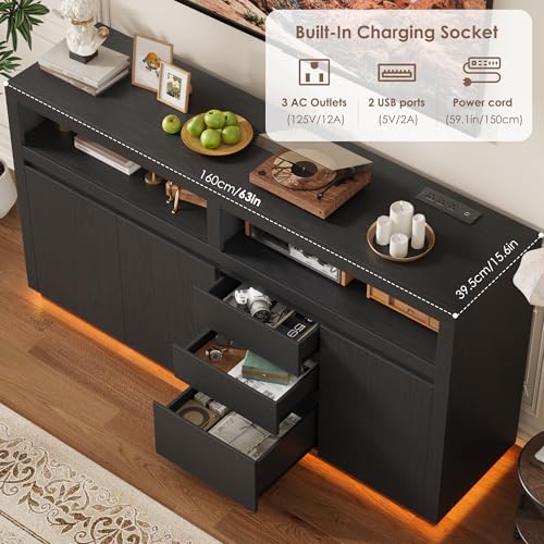 FACBOTALL 63" Modern TV Stand, Large Entertainment Center with Storage Cabinets & Drawers, Media Console Cabinet up to 70 Inch with LED Lights & Power Outlet, TV Consoles for Living Room, Black - color: Black