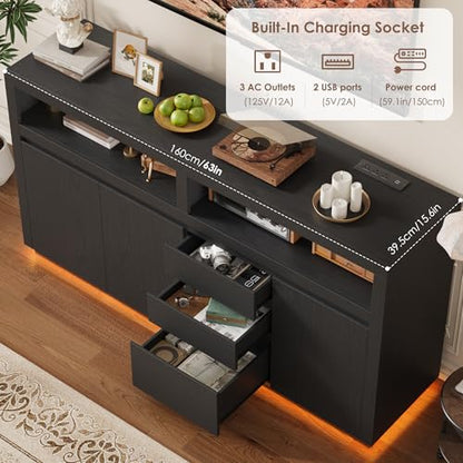 FACBOTALL 63" Modern TV Stand, Large Entertainment Center with Storage Cabinets & Drawers, Media Console Cabinet up to 70 Inch with LED Lights & Power Outlet, TV Consoles for Living Room, Black - color: Black