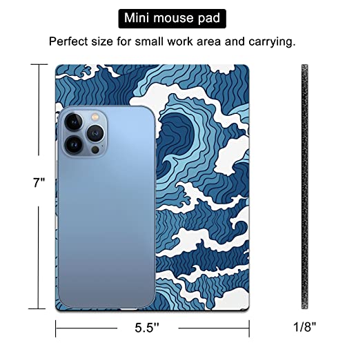 Small Mouse Pad Cute, Mini Mouse Pads for Wireless Mouse and Laptop, Travel Mousepads with Designs - Japanese Blue Great Wave, Portable Mousepad with Non-Slip Rubber Base - 5.5 x 7 Inch - color: Japanese blue wave, size: 7L x 5.5W inches