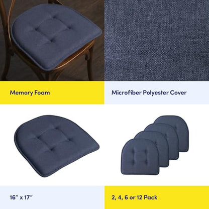 Sweet Home Collection Chair Cushion Memory Foam Pads Tufted Slip Non Skid Rubber Back U-Shaped 17" x 16" Seat Cover, Denim Blue 4 Count - color: Denim Blue, size: 4 Pack, style: Foam Pads