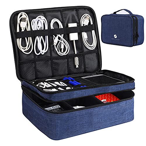 ORIENT FAMULAY Travel Electronics Organizer, Waterproof Cable Organizer Bag for Electronic Accessories Double Layer Large Shockproof Cable Storage Bag for Cord, Power Bank, Tablet(Up to iPad 11 inch) - Royal Blue - color: Royal Blue