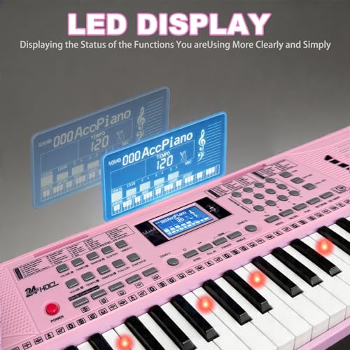 Keyboard Piano 61 Lighted Keys, Electric Keyboard Kit with 100 Voices, 100 Rhythms - Built-In Speaker, Microphone, Sheet Stand and Power Supply, Gift for Children Beginners [Pink, Piano with Stand] - color: Pink