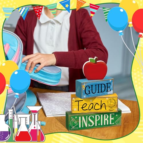 Yuntau 4 Pcs Back to School Gift Wooden Apple Table Decor Teacher Appreciation Gift Apple Tiered Tray Decor Guide Teach Inspire Block Sign First Day of School Gifts for Teachers Office Classroom - style: Apple