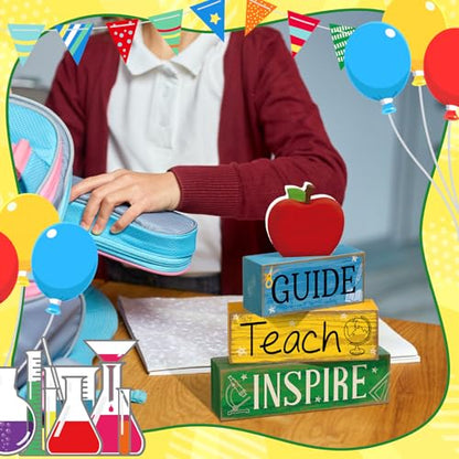 Yuntau 4 Pcs Back to School Gift Wooden Apple Table Decor Teacher Appreciation Gift Apple Tiered Tray Decor Guide Teach Inspire Block Sign First Day of School Gifts for Teachers Office Classroom - style: Apple