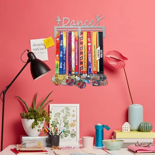 Resama Medal Hanger Holder Display Wall Rack Frame Shelf-Medal Hanger Awards Ribbon Soccer,Gymnastics,Holder Display Rack for 60 Medals - color: Dance Silver