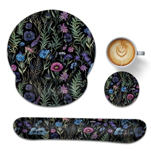 Flowers Herbs Wrist Rest Mouse Pad and Keyboard Support Set,Wildflowers 3 in 1 Ergonomic Memory Foam Mousepad with Non Slip Base, Gaming Mouse Pad for Office and Home - color: Flowers Herbs Wildflowers