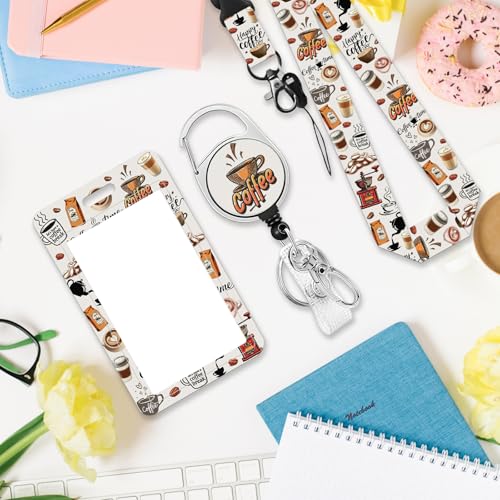 Lanyards for ID Badge, Coffee for ID Badge Holder, Coffee ID Badge Holder with Heavy-Duty Retractable Reel Clip, Gift for Teacher Nurse Adult - color: Coffee-white