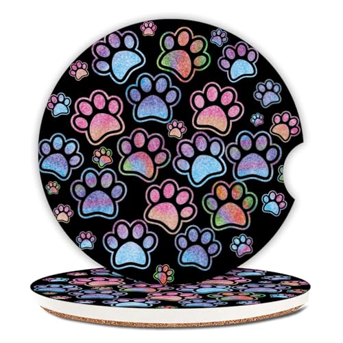 2 Pack Absorbent Car Coasters for Cup Holders,Gradient Black Dog paw Print Ceramic Coasters with Cork Back and Finger Slot,2.56" Auto Accessories for Women & Men. - color: Black Dog Paw Print 1
