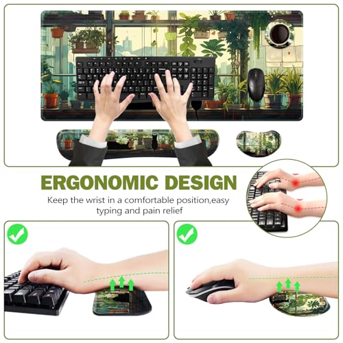 ToLuLu Extended Gaming Mouse Pad, Memory Foam Ergonomic Keyboard Mouse Wrist Rest Support Set, Large Desk Mat with Stitched Edges, Non-Slip Base Mousepad Home Office, Cute Green Japanese Kawaii Cat - color: Cute Green Japanese Kawaii Cat