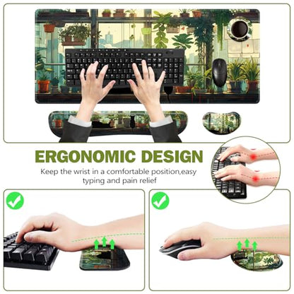 ToLuLu Extended Gaming Mouse Pad, Memory Foam Ergonomic Keyboard Mouse Wrist Rest Support Set, Large Desk Mat with Stitched Edges, Non-Slip Base Mousepad Home Office, Cute Green Japanese Kawaii Cat - color: Cute Green Japanese Kawaii Cat
