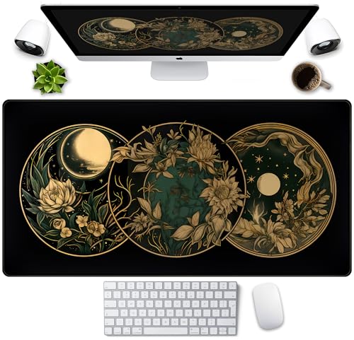 Aesthetic Celestial Desk Mat Vintage Flowers Desk Pad Large Mouse Pad Gaming Mousepad Extended XXL Computer Mat 31.5x15.75 in, Cute Laptop Keyboard and Mouse Mat for Women Office Desk Decor Pad - color: Black Celestial
